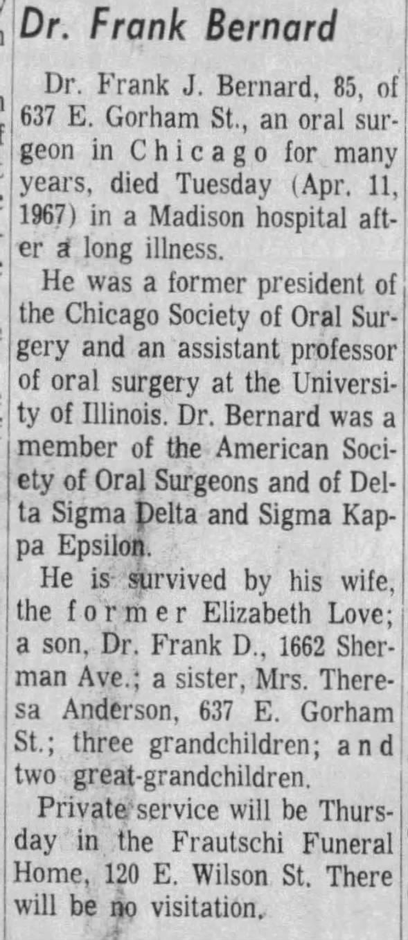 Frank J. Bernard Obit.